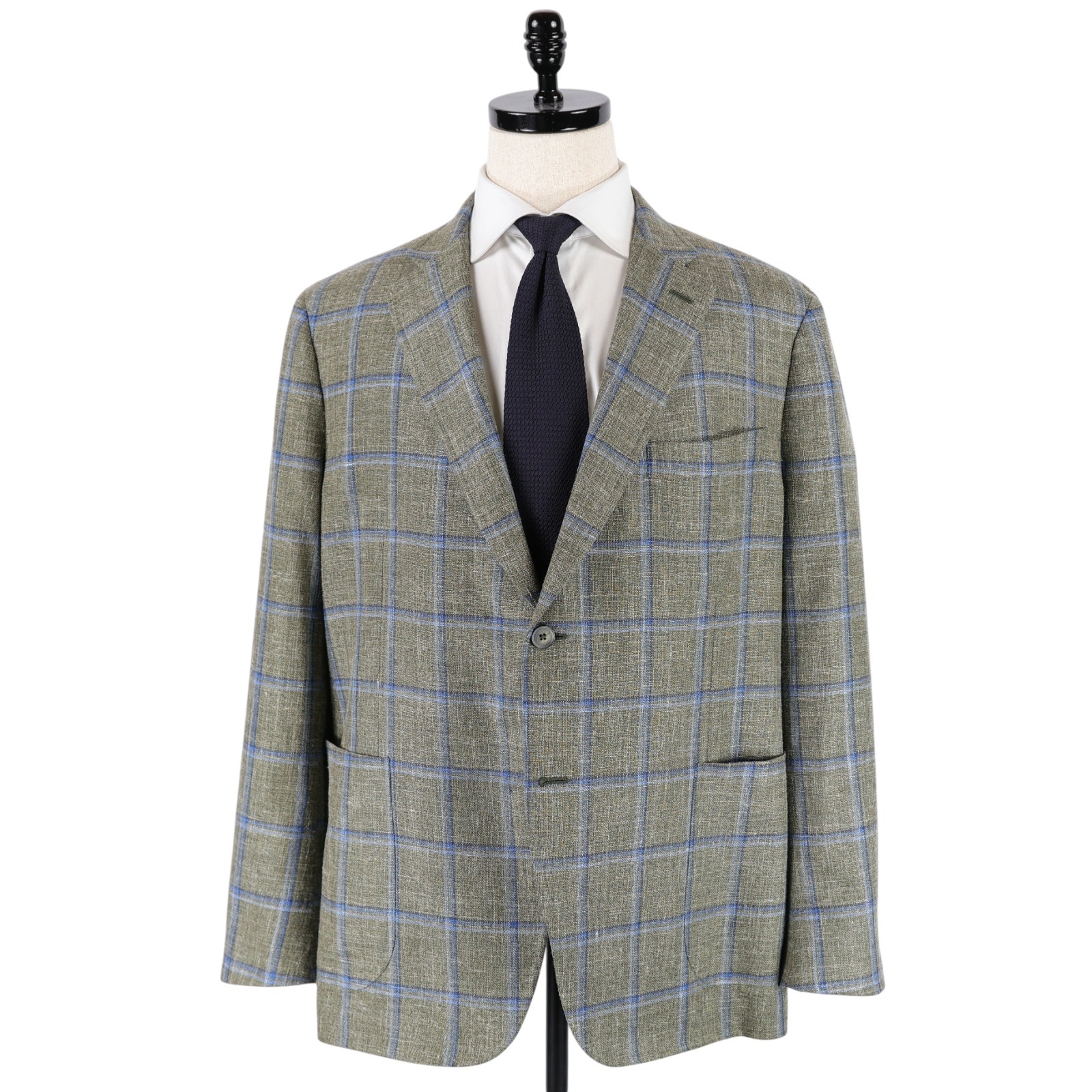 Isaia Napoli Sport Coat Wool Silk Linen 48r Green Blue Windowpane Made In Italy
